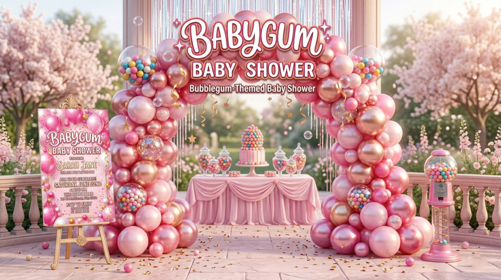 Bubblegum Baby Shower Invitation Template design featuring pink balloons and gumballs