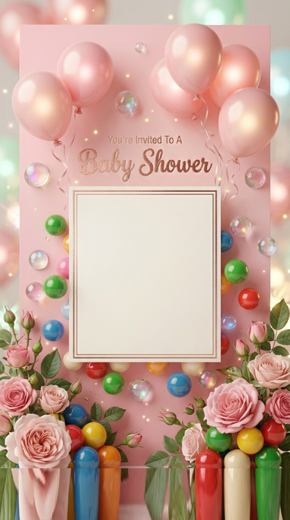 Bubblegum Baby Shower Invitation Template design featuring pink balloons and gumballs