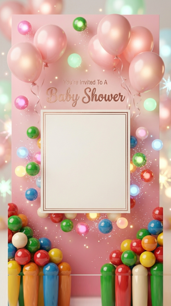 Bubblegum Baby Shower Invitation Template design featuring pink balloons and gumballs