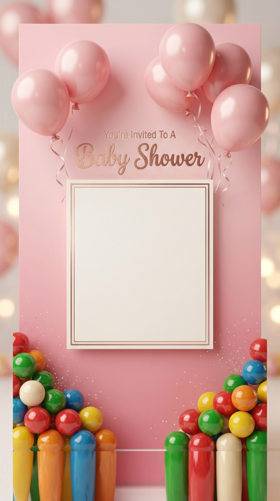 Bubblegum Baby Shower Invitation Template design featuring pink balloons and gumballs