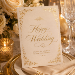 A beautiful wedding card with gold calligraphy on a luxury table setting