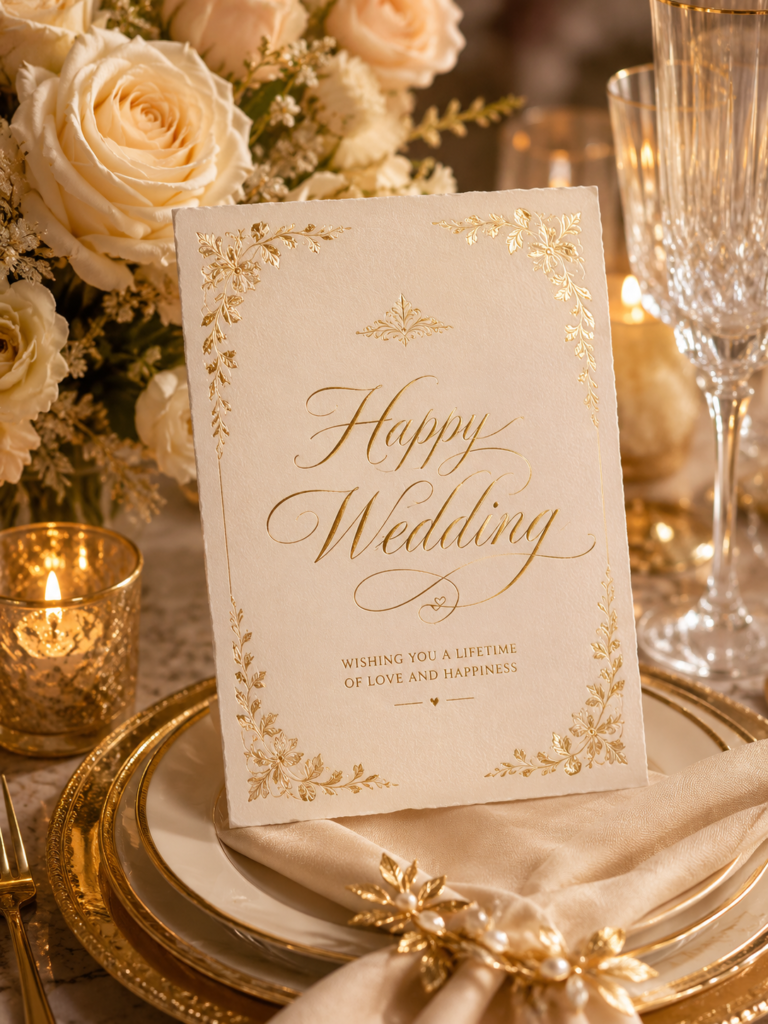 A beautiful wedding card with gold calligraphy on a luxury table setting