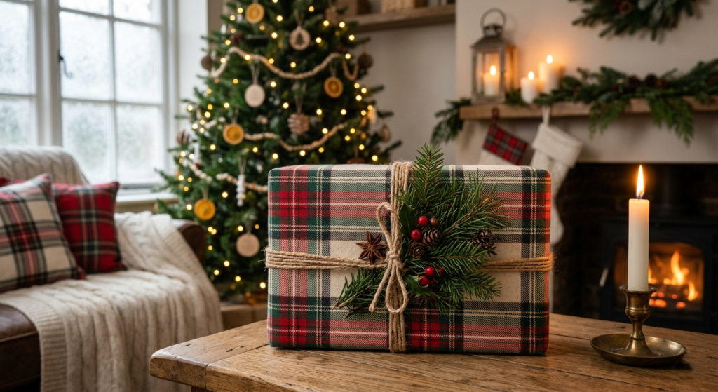 Plaid Fabric Scrap & Evergreen Twig Knot