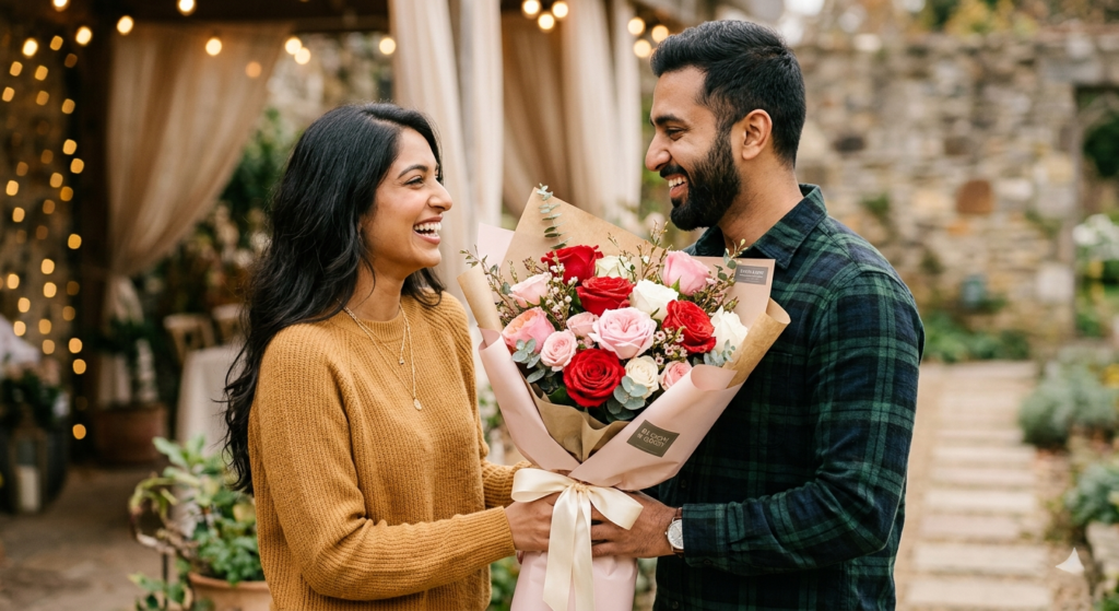 bouquet of fresh red and pink roses
