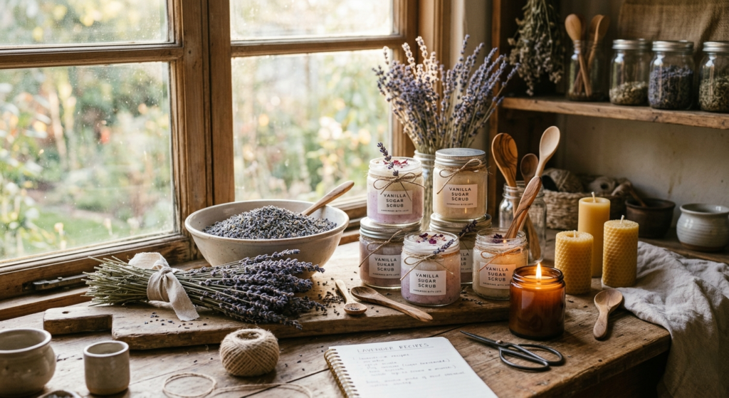 cozy crafting table filled
