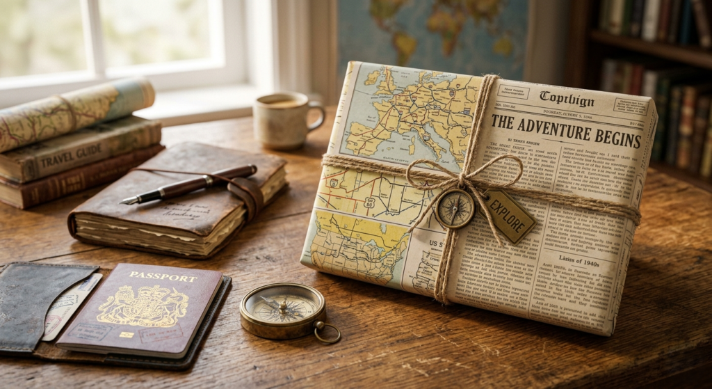 creative travel-themed gift wrapped