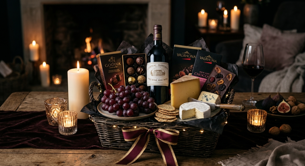 gourmet chocolate and wine gift basket