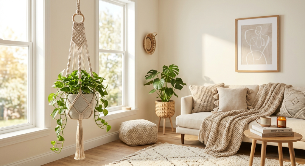 handmade macrame plant hanger holding