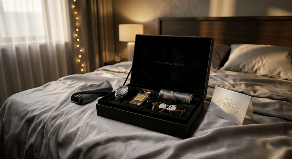 perfume bottle, watch, and sunglasses