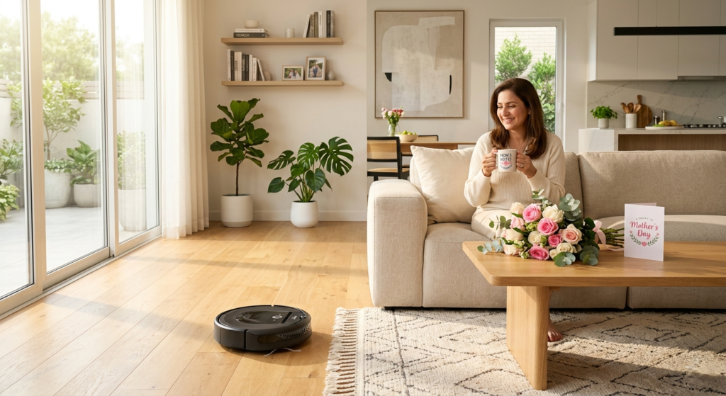 robot vacuum cleaning a stylish living room